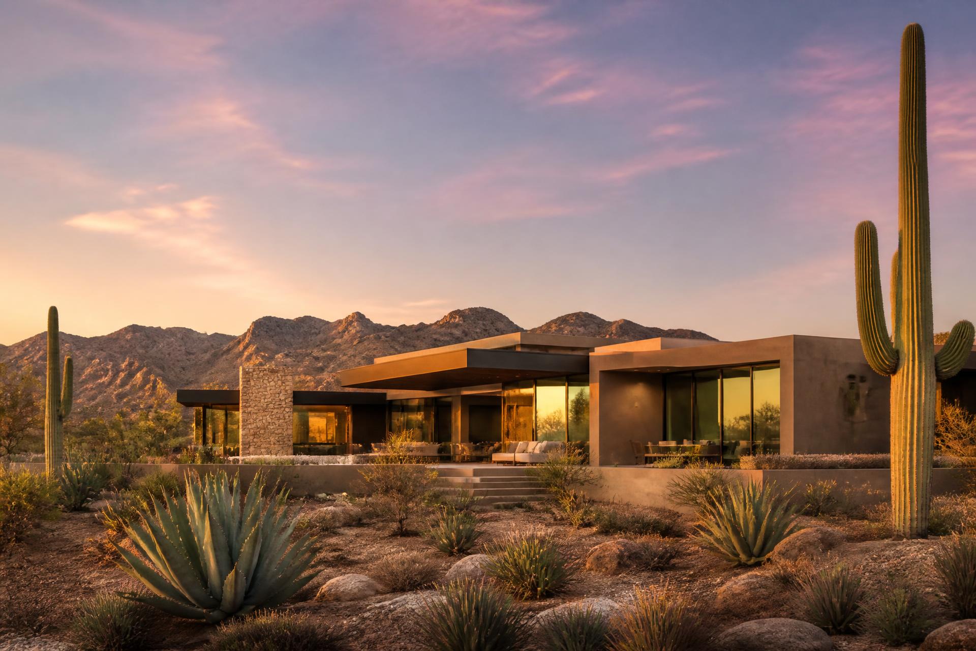 Luxury desert home in Tucson, Arizona at golden hour with saguaro cacti and the Catalina mountains